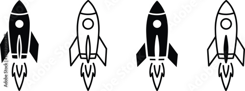 Rocket launch icon set space shuttle startup symbol line and solid style spacecraft takeoff vector illustration isolated