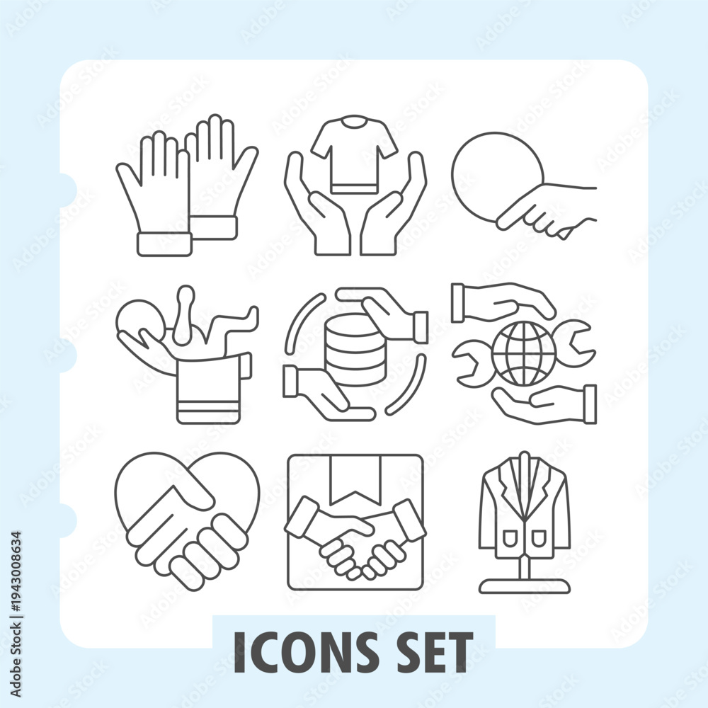 Obraz premium Gloves, baby infant, handshake icons, collection illustrating concepts such as business, partnership, donation, global service and care. Set of nine thin line icons on white background.