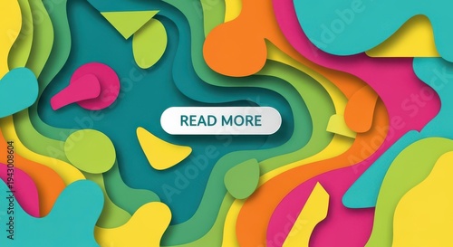 Dynamic layered paper cutting background design features vibrant colors and a centered call to action button