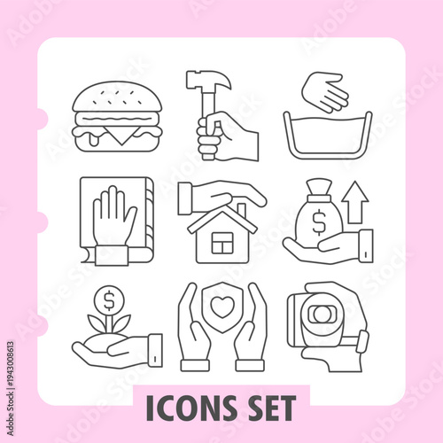 Hamburger, law book, investment hand icons, collection illustrating concepts such as food, construction, finances and care. Set of nine thin line icons on white background.