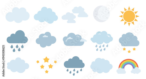 Weather Icons Vector Illustration, Flat Design, Sky, Clouds, Sun, Rain, Moon, Rainbow, Stars, Climate