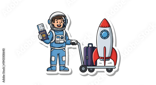 Astronaut traveling with luggage and rocket ship cartoon