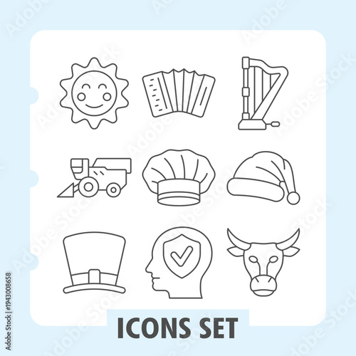 Sun smile, harvester, cylinder hat icons, collection illustrating concepts from nature and music to food and security. Set of nine thin line icons on white background.