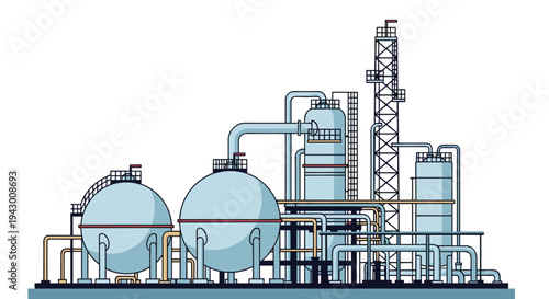 Industrial chemical plant with oil refinery tanks pipes and towers illustration for energy manufacturing and heavy industry concepts.