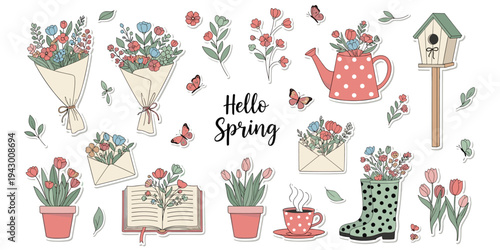 Colorful spring floral illustration with flowers, butterflies, birdhouse, watering can, rain boots, tea cup, hello spring text, flat vector illustration
