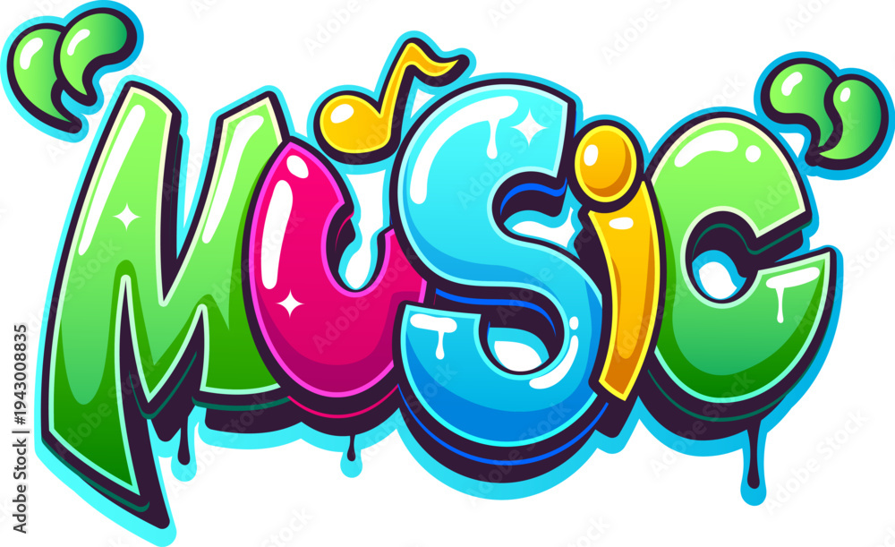 Fototapeta premium Music street graffiti, funky wall artwork typography. Ghetto airbrush spray lettering, urban wall artwork vector writing. Street music graffiti cool tag typography with dripping paint and musical note