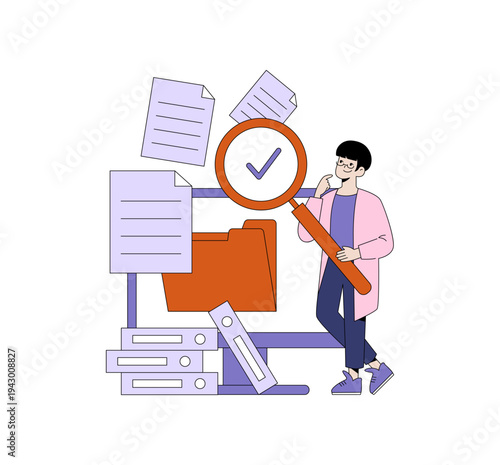 Person Analyzing Documents with Magnifying Glass