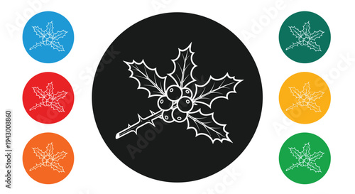 Holly berry branch icons with leaves in multiple color circles for christmas holiday decorations festive greetings and seasonal design.