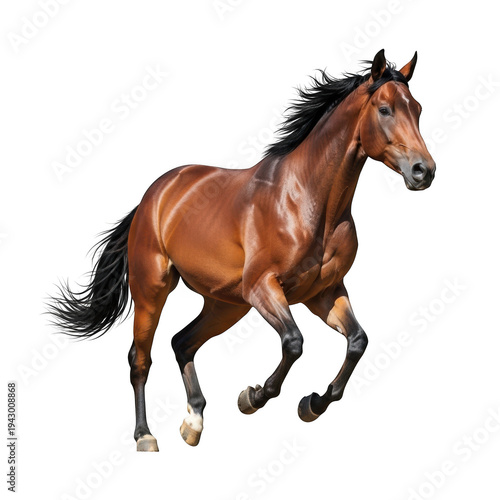 Majestic brown horse in full gallop, isolated on transparent background