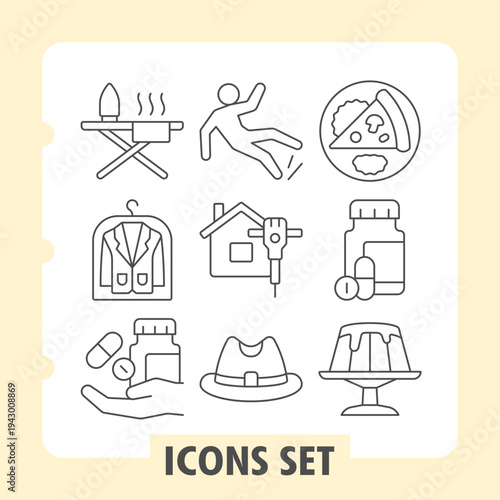Ironing board, microphone ban, medication pills icons, collection illustrating concepts such as home activities, health, food and fashion. Set of nine thin line icons on white background.