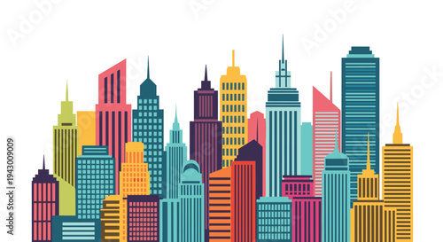 Colorful modern city skyline illustration with various skyscraper styles for urban development travel and metropolitan growth concepts.
