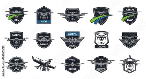 Collection of drone and UAV emblems and logos.