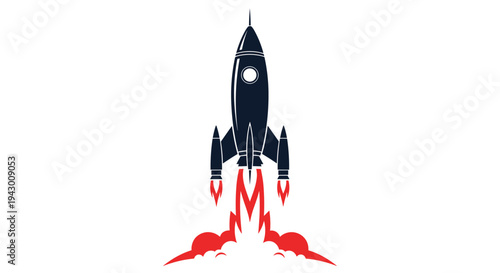 Space rocket taking off silhouette with red flames and white smoke for startup branding technology logos and modern business concepts.
