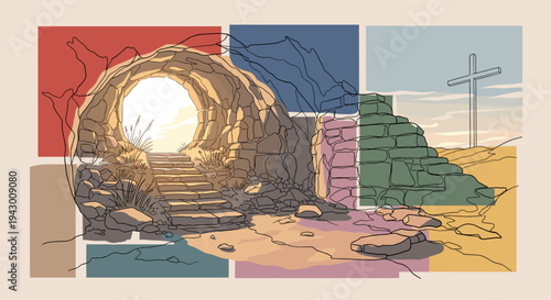A scenic depiction of a stone tunnel leading to light, featuring a minimalist style with geometric colors