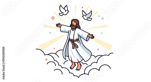 A stylized illustration of a figure in white robes surrounded by doves and rays of light, in a modern flat design