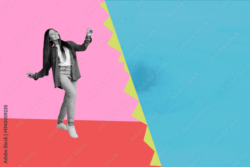 Obraz premium Banner image poster art collage of happy girl guy dance weekend party chill entertainment success occasion celebrate holiday