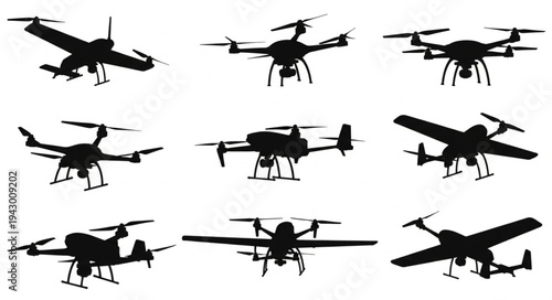 Collection of drone silhouettes on a white background.