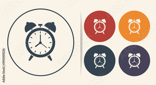 Traditional alarm clock icons in different color circles for time management productivity routines and morning wake up call concepts.