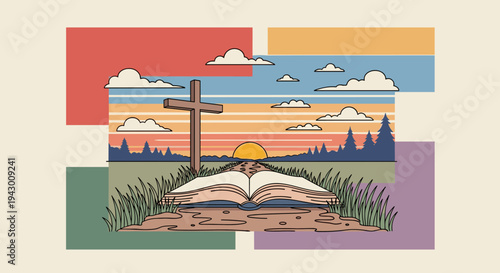 A serene landscape featuring a cross and an open book against a colorful sky, in a modern illustrative style