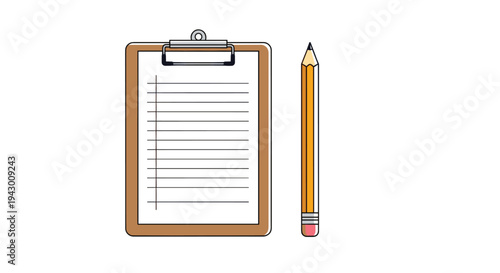 Clipboard with lined paper and yellow pencil illustration isolated on white background for business organization or school study themes.