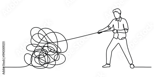 Minimalist Continuous Line Art of Man Simplifying a Tangled Mess