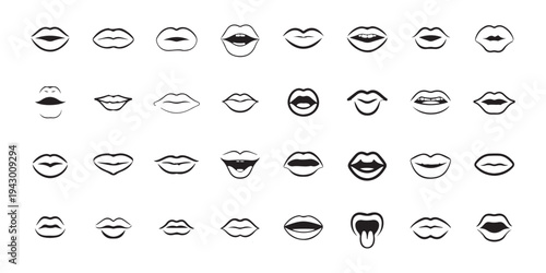 Collection of diverse lip shapes and mouth expressions in black and white line art