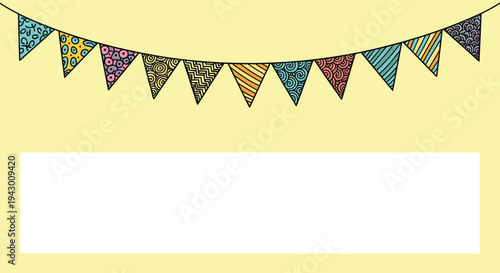 Festive colorful party flags garland banner with different patterns for birthday celebration carnival events and holiday decorations.