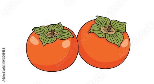 Ripe persimmon fruits with green leaves illustration isolated on white background for autumn food recipes and seasonal garden products.