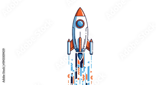 Rocket ship blasting off into space with vibrant orange and blue colors
