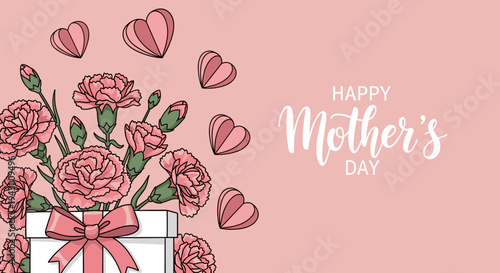 A beautifully designed Mother's Day greeting featuring flowers, hearts, and a gift box in a modern, flat style