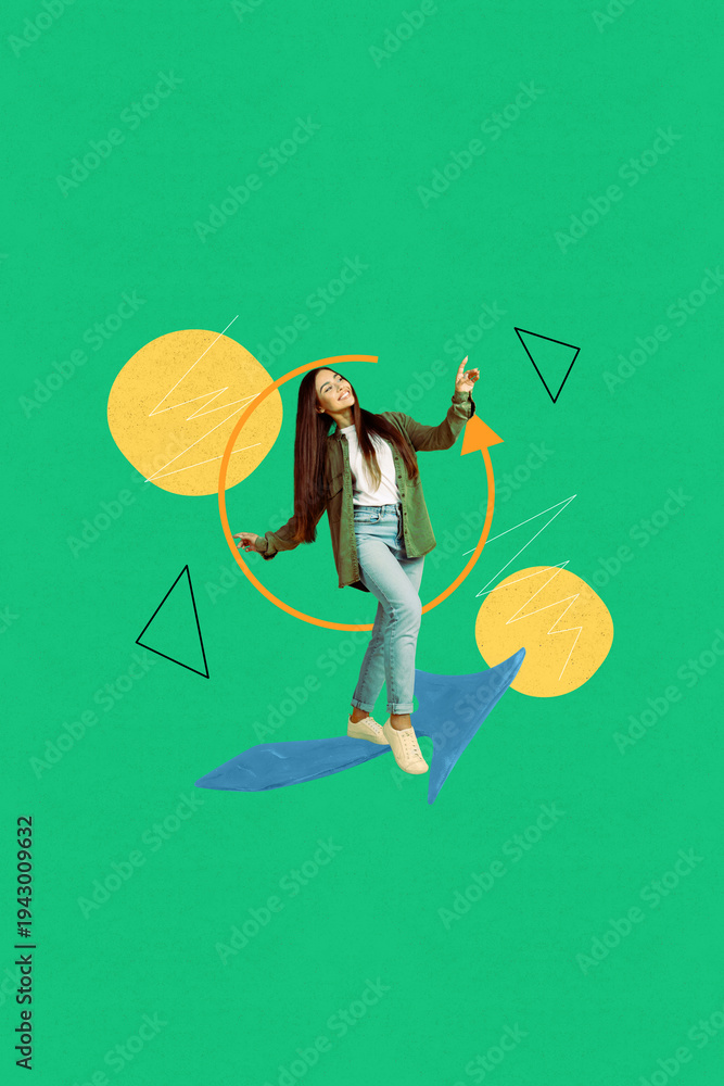 Obraz premium Creative image collage of person stand walk arrows spinning on green background