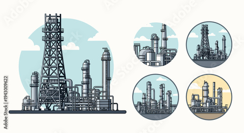 Detailed illustration of an industrial oil refinery complex with close-up views of distillation towers and pipes in a technical style.