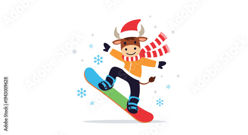 Dynamic cartoon bull character wearing a Santa hat and scarf skillfully snowboarding down a mountain on a bright winter day with snow.