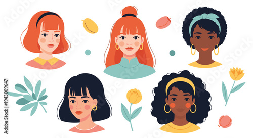 Group of diverse women portraits showcasing different ethnicities and hair styles accompanied by colorful floral and leafy decorative elements.