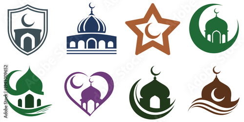 Colorful Mosque Silhouette Icons, Islamic Architecture, Minarets, Domes, Religious Buildings, Muslim Cultural Symbols, Vector Illustration.