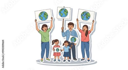 Family holding up Earth signs, eco-friendly family, green living