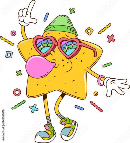 Star chewing bubble gum cartoon groovy adorable character. Cheerful 80s groovy personage, happy vector mascot. Yellow star funny character wearing hear sunglasses, green beanie and inflating gum