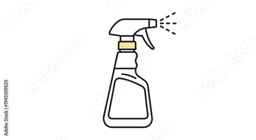 Simple line art illustration of a plastic cleaning spray bottle with a yellow ring emitting a fine mist of liquid droplets into air.