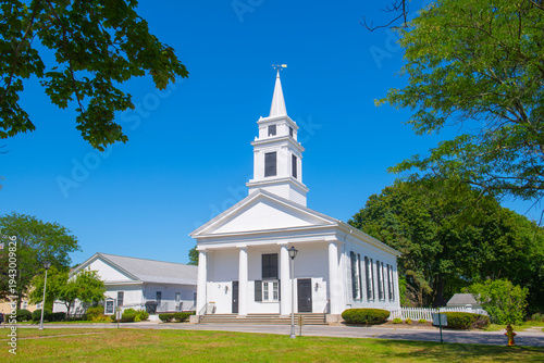 Slatersville Congregational Church at Village Green in historic village of Slatersville, town of North Smithfield, Rhode Island RI, USA. 