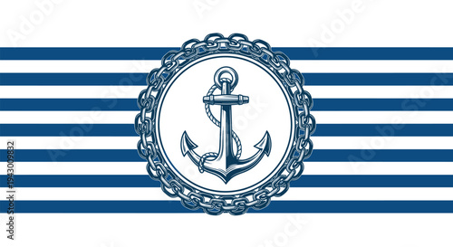 Nautical emblem featuring a detailed blue anchor and heavy chain inside a circular frame on a classic blue and white striped background.