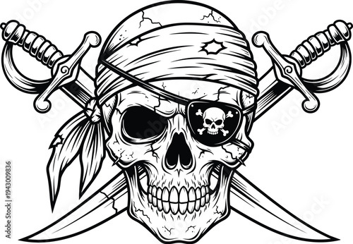 Pirate Skull with Crossed Swords – Vintage Engraving Black and White Vector Illustration
