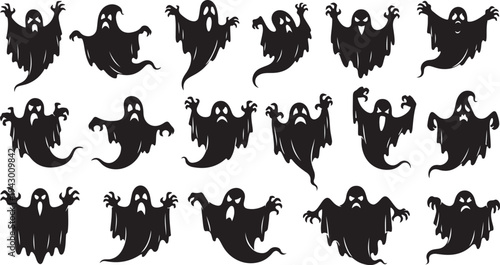 Spooky black ghost silhouettes on white background Halloween theme