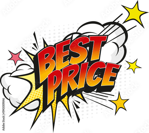 Cartoon retro best price comic speech bubble. Sale comic explosion pop art effect, sale offer exclamation speech vector cloud. Discount text bubble with red typography, smoke or dust cloud and stars