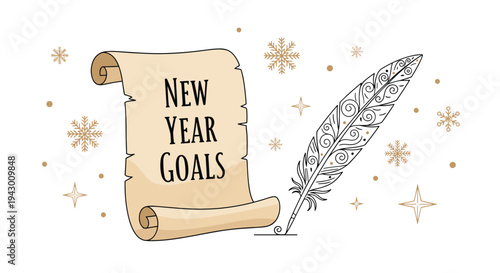 New Year goals concept featuring an old parchment scroll, a classic quill pen, and delicate golden snowflakes on a white background.