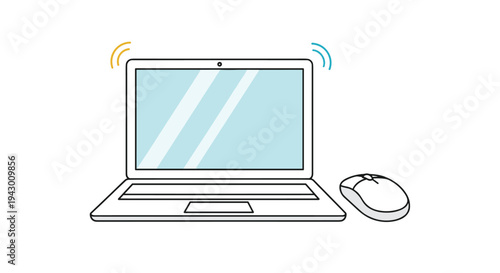 Clean line drawing of an open laptop computer with a wireless mouse and stylized signal waves appearing from the top corner of screen.