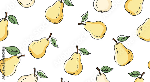 Seamless pattern of hand-drawn yellow pears with small green leaves scattered across a plain white background in a cute artistic style.