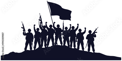 Silhouette illustration of soldiers on hilltop holding flag, unity strength victory patriotic military design, flat vector illustration