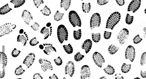 Seamless pattern of black shoe and boot footprints of various sizes and tread patterns on a stark white background for design usage.