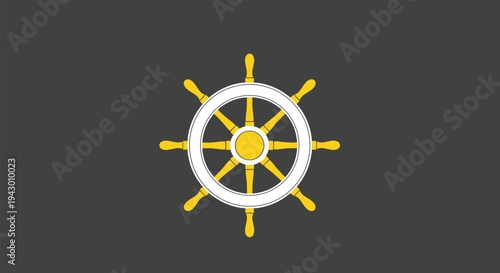 Classic wooden ship steering wheel in yellow and white centered on a solid dark gray background for maritime and nautical design themes.