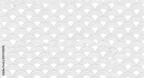 Monochrome pattern of repeating semi-circular scales or waves created with thin gray dashed lines on a clean white background texture.